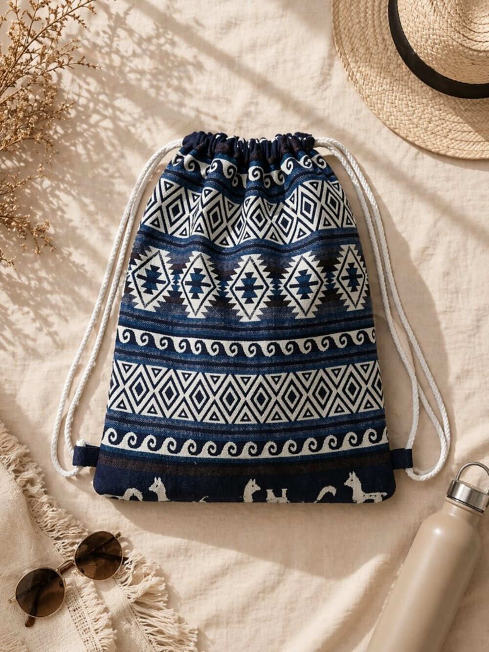 Boho Tribal Drawstring Backpack Gym Bag Travel Beach Sack Blue